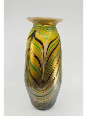 Large Herb A. Thomas Hand-Blown Iridescent Vase With Multicolor Feather Design